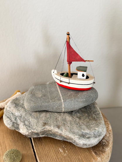 Vintage Handmade Wooden Sailing Boat (Red Sail)
