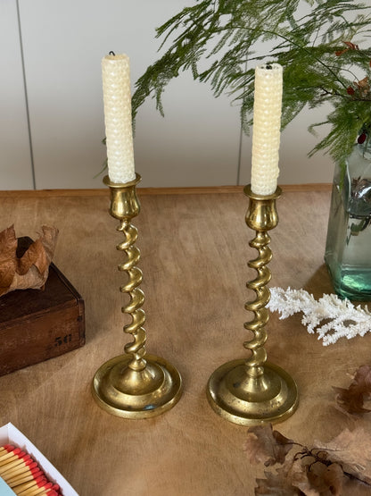 Vintage Solid Brass Barley Twist Candlestick Pair