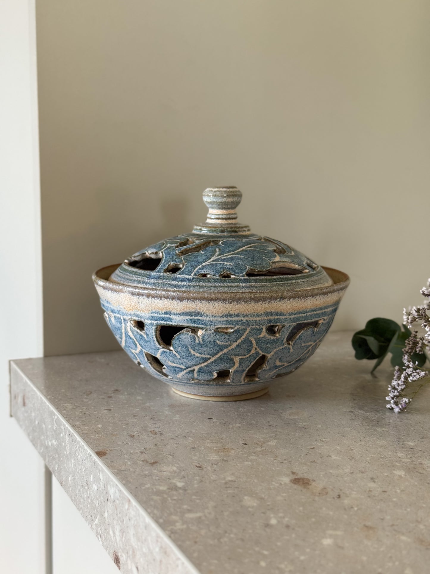 Welsh Studio Pottery Blue Oak Leaf Trinket Bowl by Anvil Pottery (Lidded & Pierced Design)