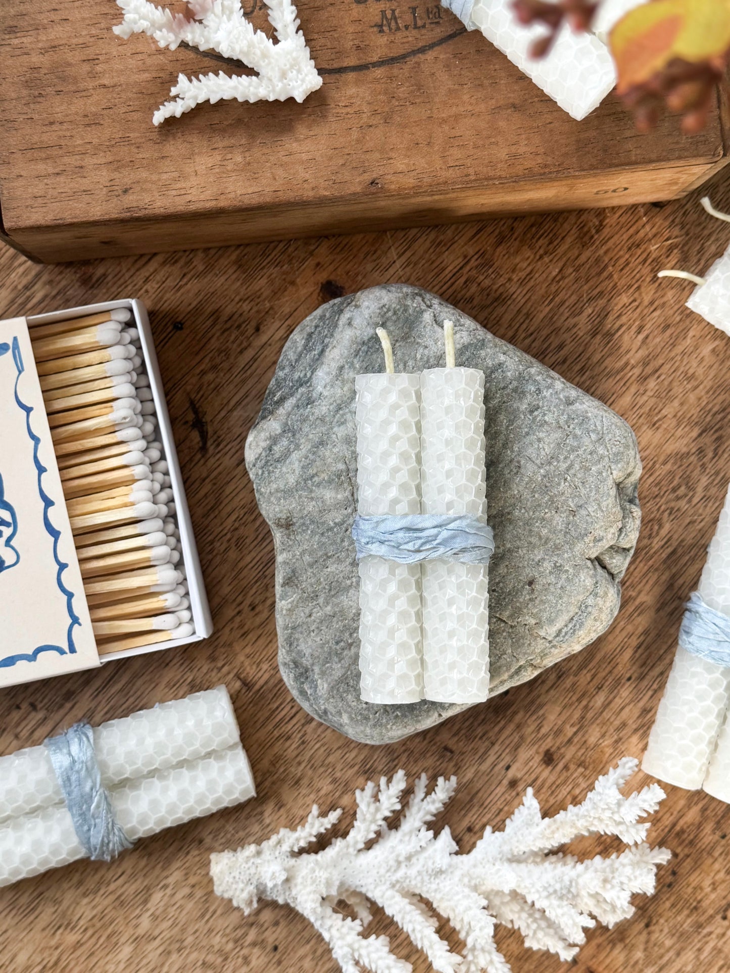 Hand-Rolled Beeswax Candle Pair with Pale Blue Ribbon
