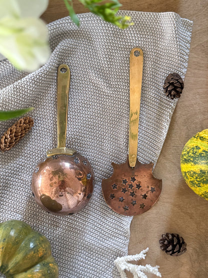 Vintage Handmade Copper & Brass Festive Ladle and Skimmer - Stars & Christmas Tree Cut-Outs