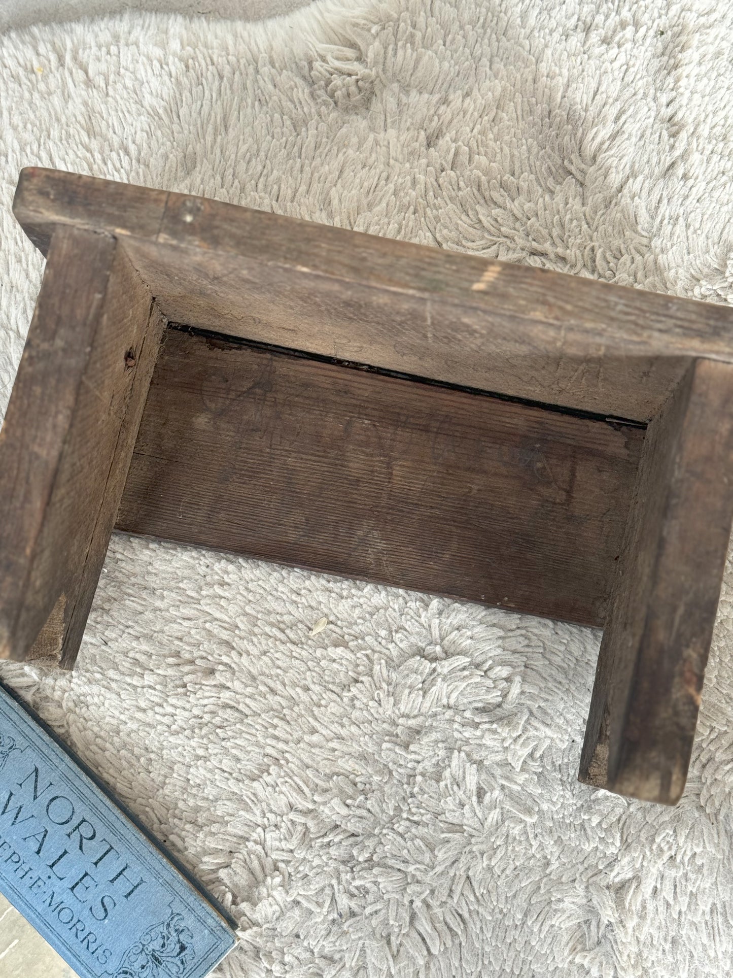 Antique Welsh 1800s Child’s Handmade Wooden Folk Art Stool