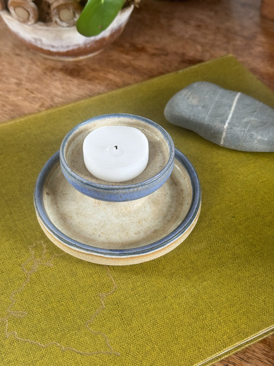 Vintage Blue & Oat Speckled Studio Pottery Tealight Holder