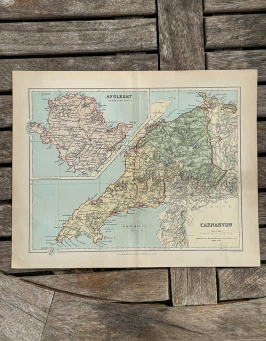 Antique 1894 Engraving • Map of Anglesey and Caernavon, by F.S.Weller 32cm x 26cm