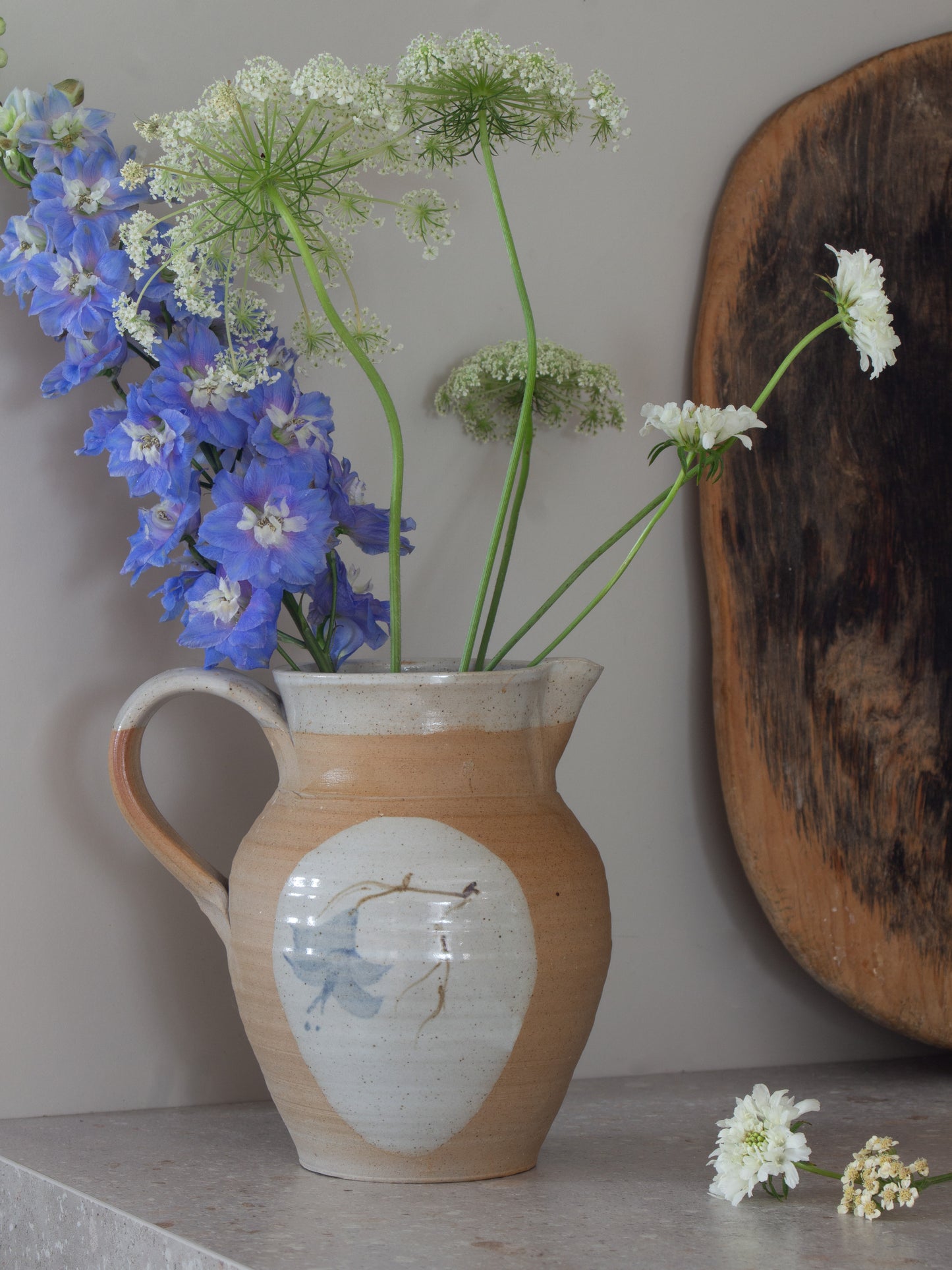 Vintage Large Studio Pottery Hand-Painted Blue Floral Jug