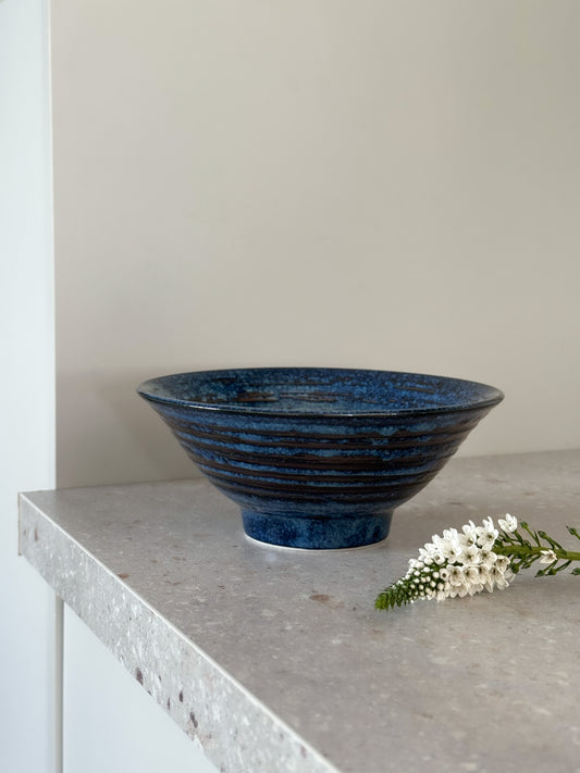 Vintage Studio Pottery Bowl with Deep Blue Spiral Glaze