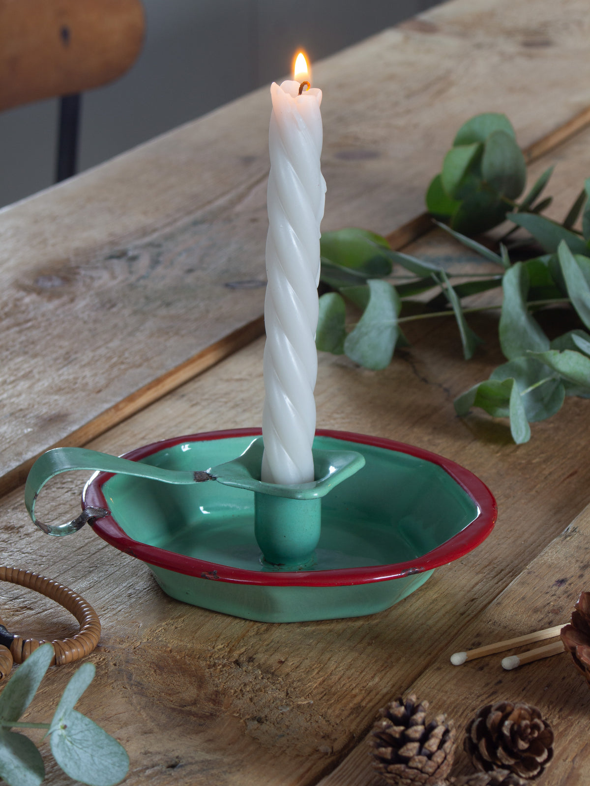 Vintage 1950s Red & Green Enamel Chamberstick Candle Holder