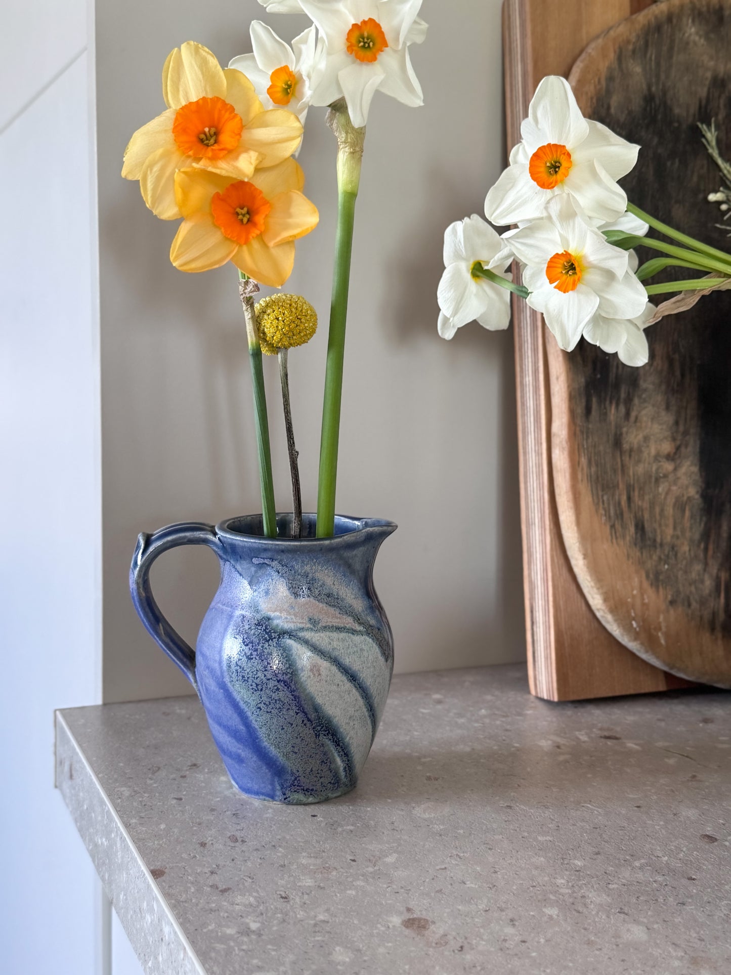 Vintage Studio Pottery Blue Drip Glaze Jug with Shell Seal