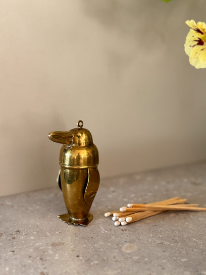 Vintage Brass Penguin Match Holder with Hanging Loop