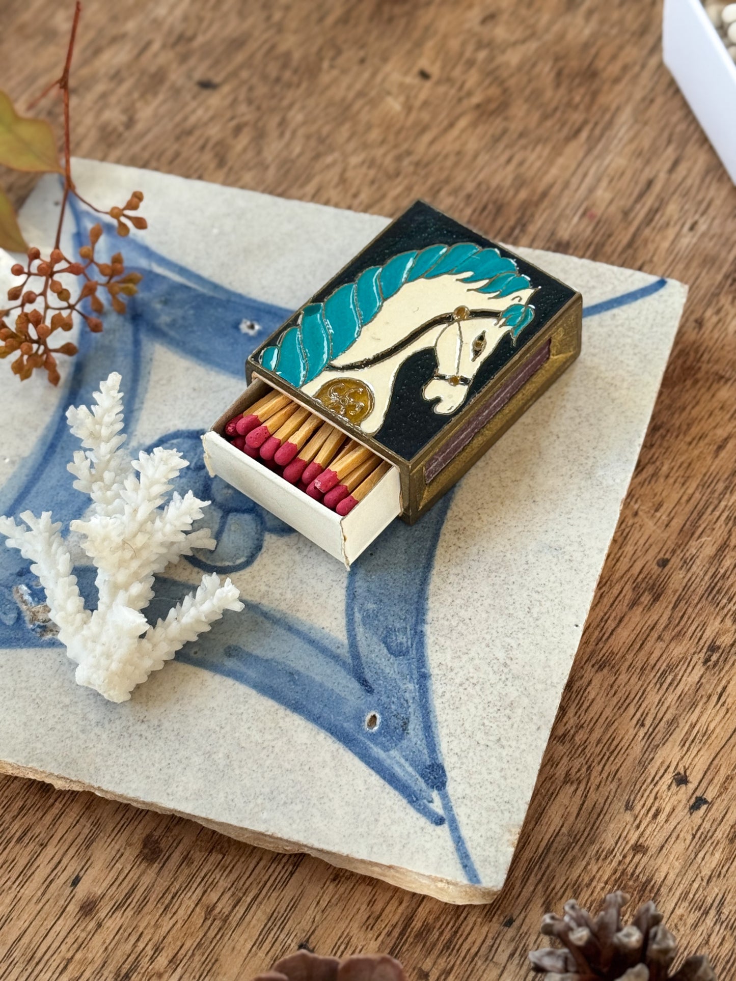 Vintage Brass & Enamel Horse Matchbox Cover (With Matches)