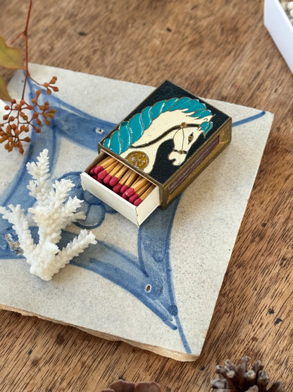 Vintage Brass & Enamel Horse Matchbox Cover (With Matches)