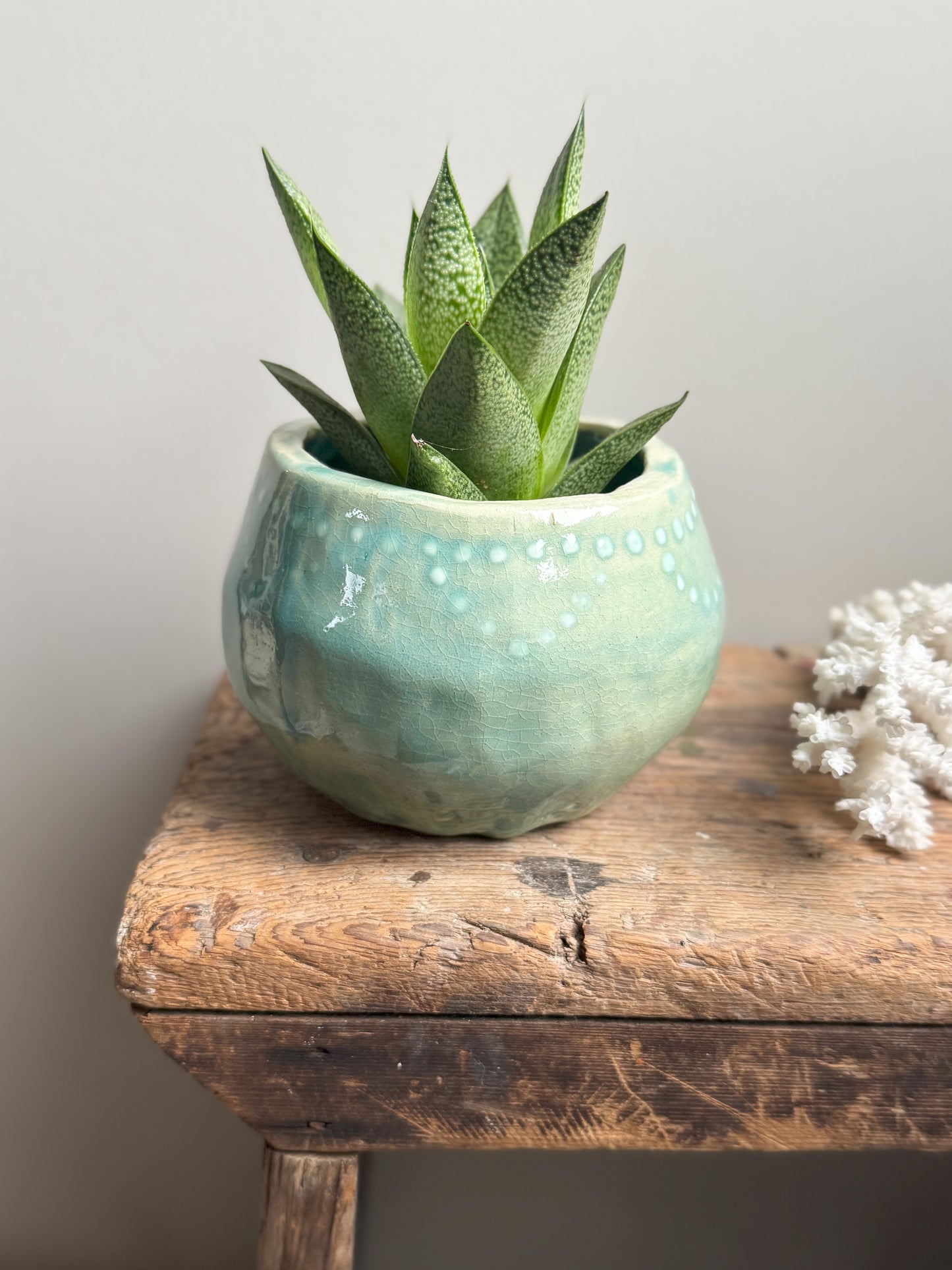 Studio Pottery Blue Textured Drip Glaze Pot