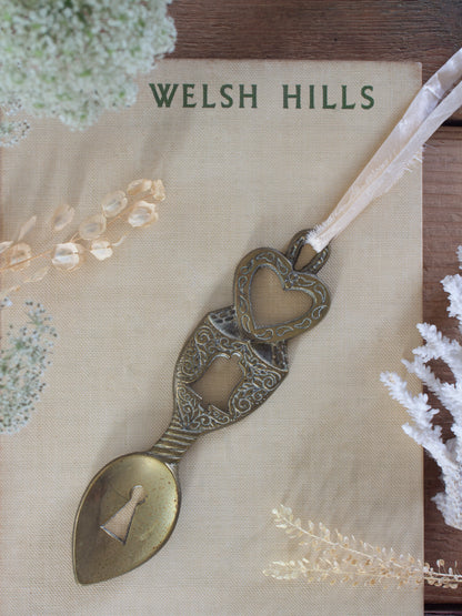 Vintage Handmade Solid Brass Welsh Love Spoon, Pontypridd, South Wales