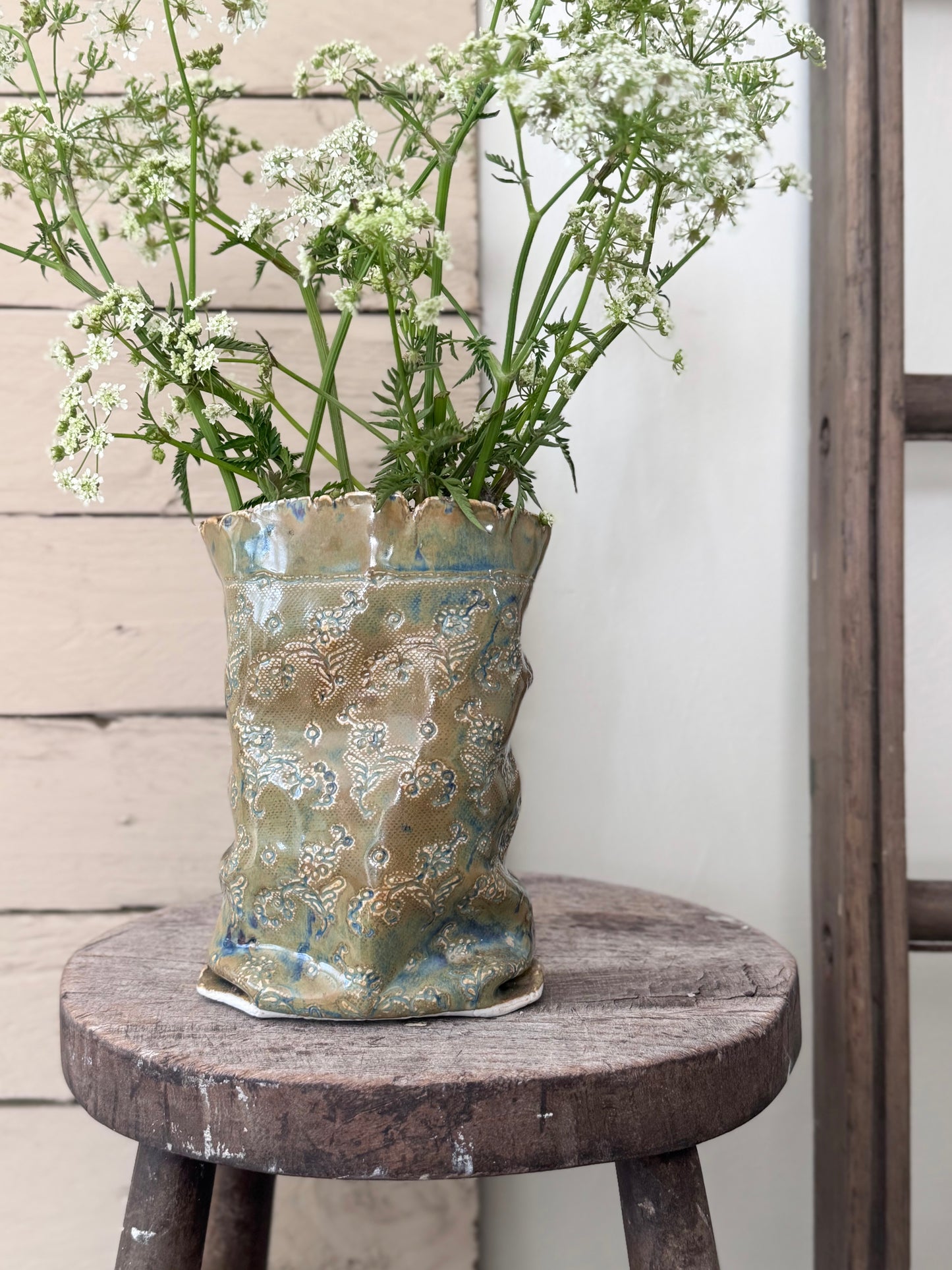 Incredible Studio Pottery Sculptural Vase with Impressed Floral Design, Signed C.Raven