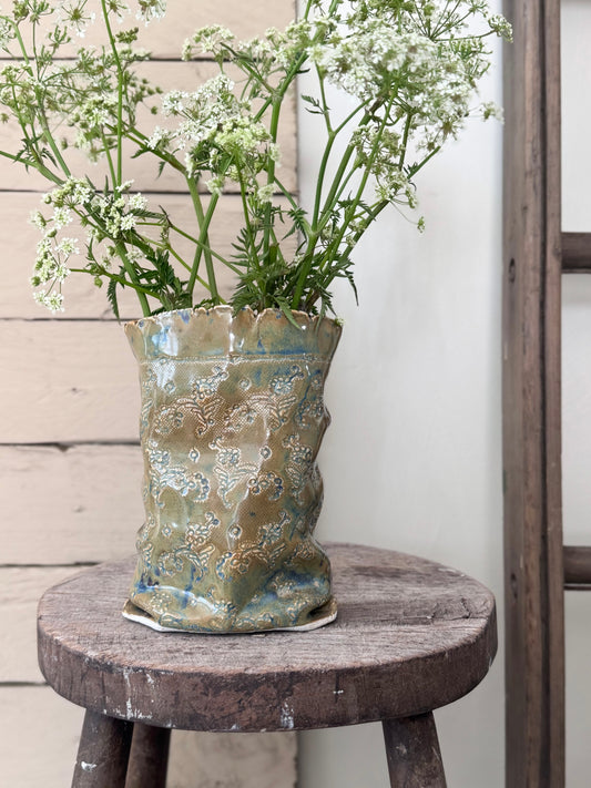 Incredible Studio Pottery Sculptural Vase with Impressed Floral Design, Signed C.Raven