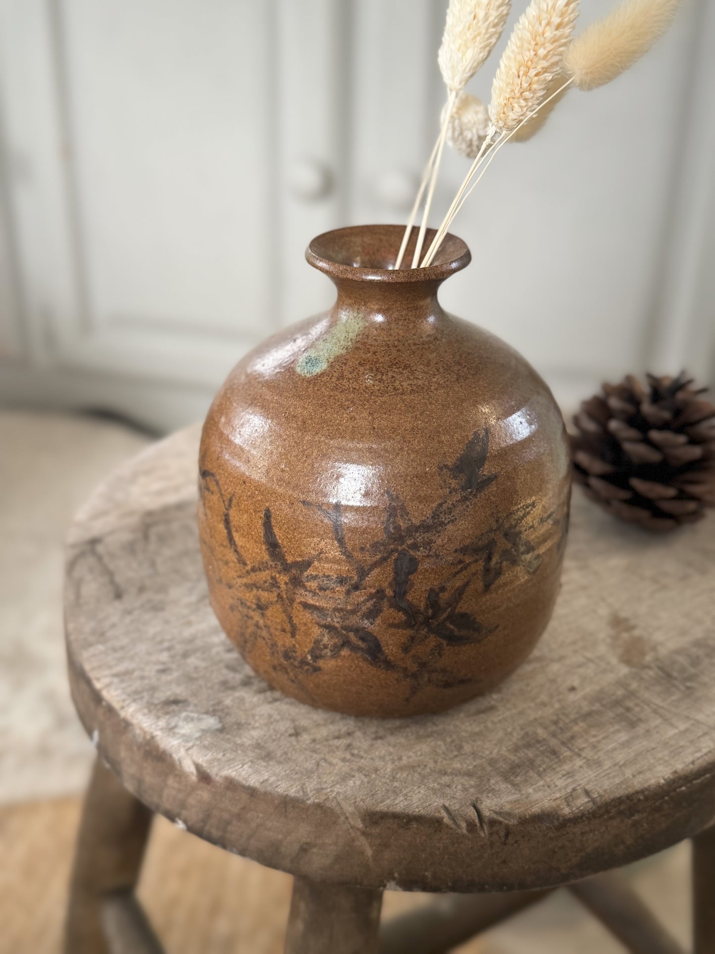 Large Studio Pottery Ink Bottle Vase with Blue Drip Glaze