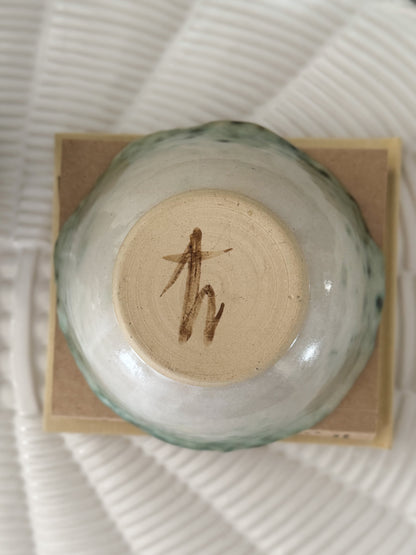 Vintage Studio Pottery Bowl with Scalloped Edge and Painterly Green Glaze