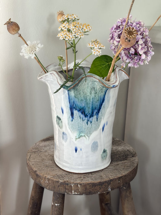 Large Studio Pottery Scalloped Vase with Painterly Blue Glaze