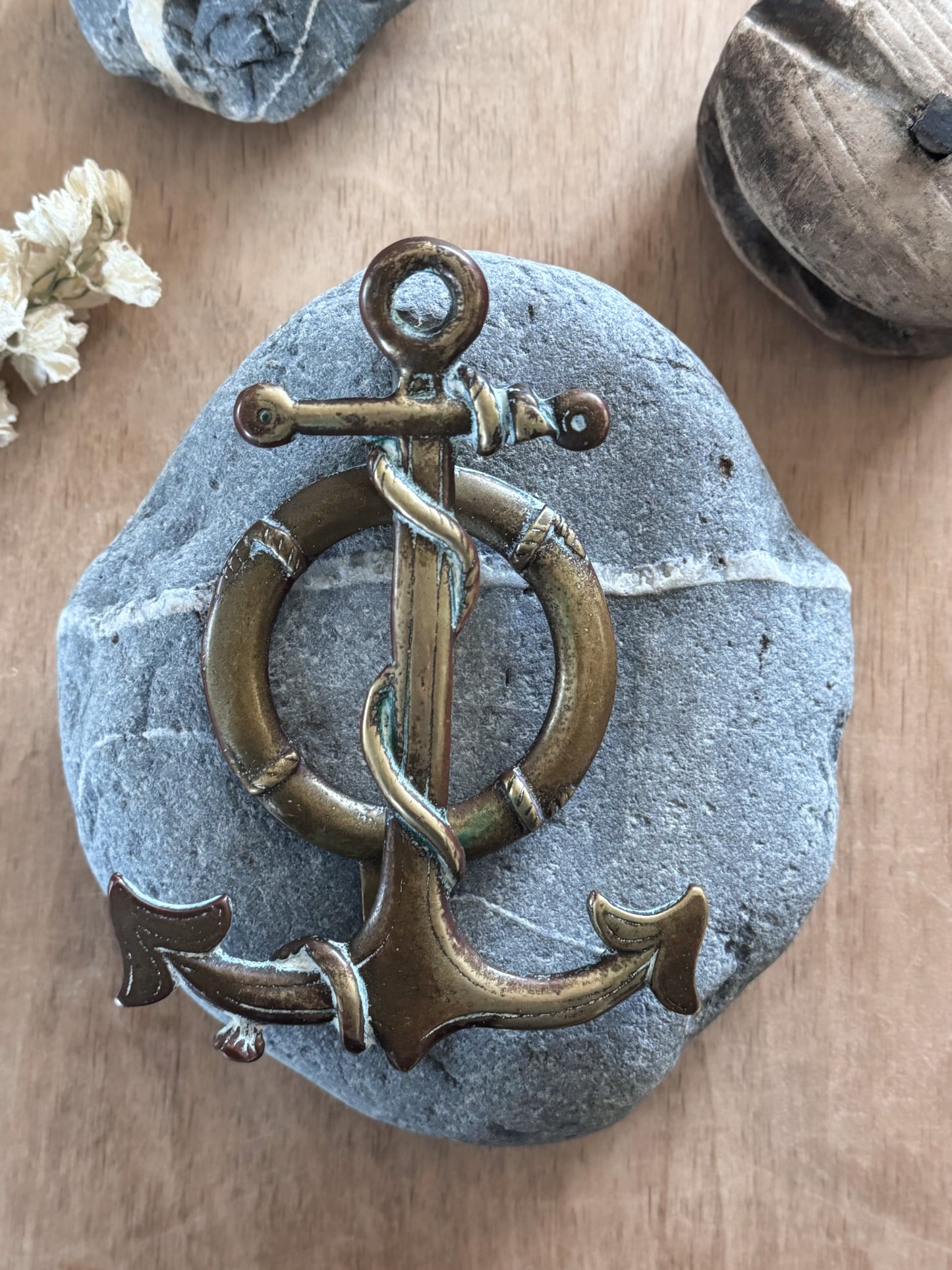 Vintage Solid Brass Anchor Door Knocker with Natural Verdigris Patina