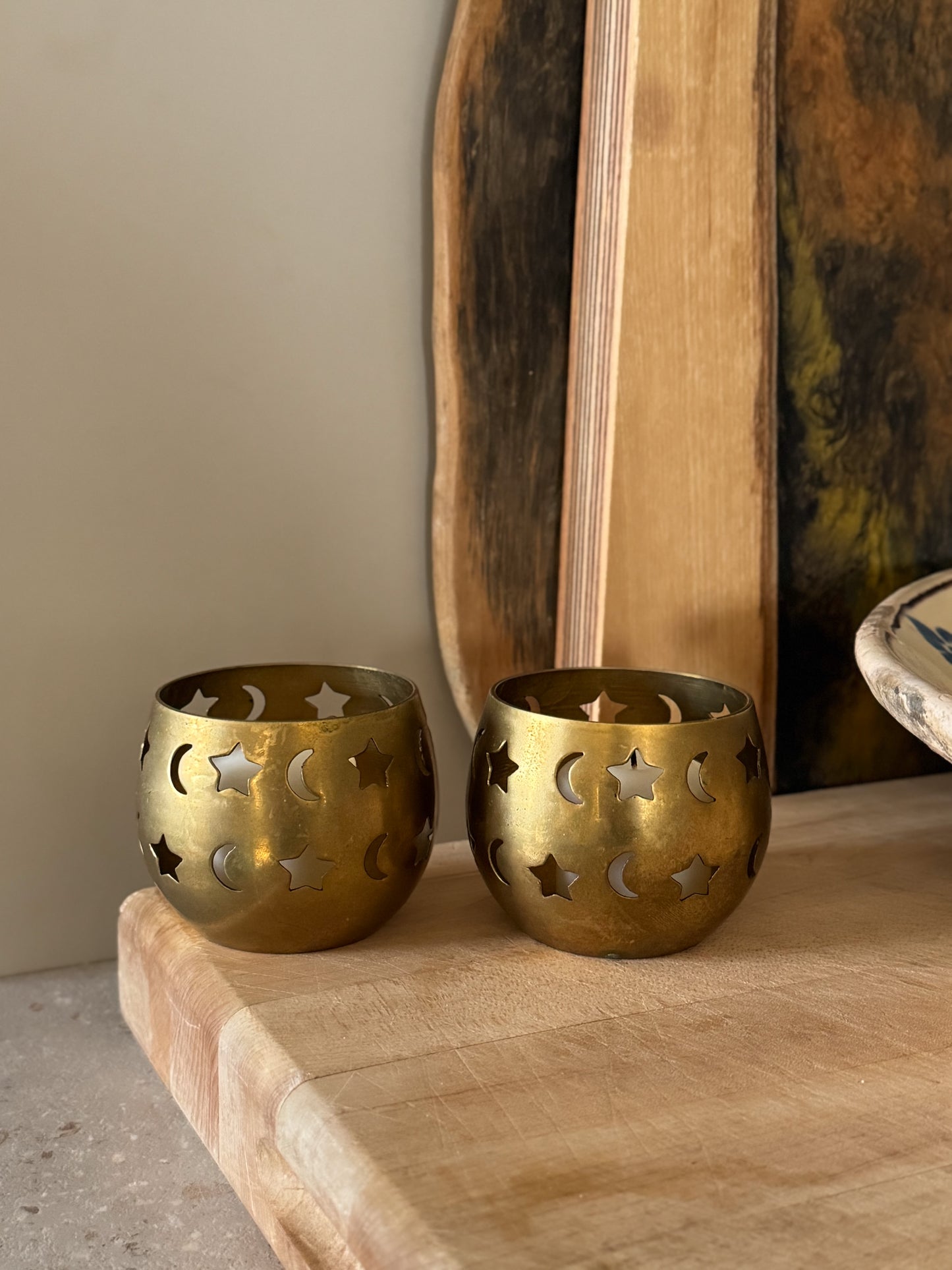 Vintage Solid Brass Star & Moon Candle Holders (Pair)