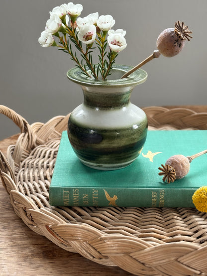 Vintage Studio Pottery Bud Vase, Olive Green Painterly Stripes