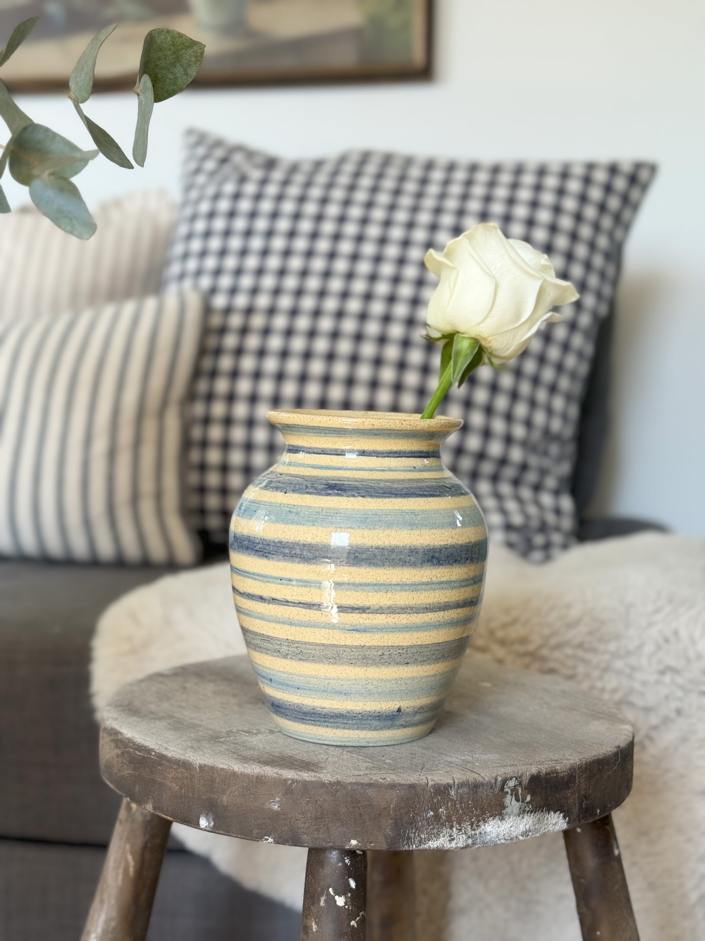 Vintage Fen Potteries Blue Striped Pot, Huntington, Cambridge