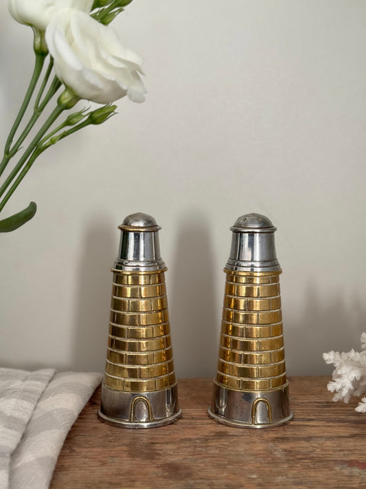Vintage Brass Lighthouse Salt & Pepper Shakers