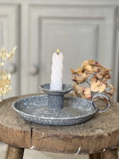 Vintage French Grey Mottled Enamel Chamberstick