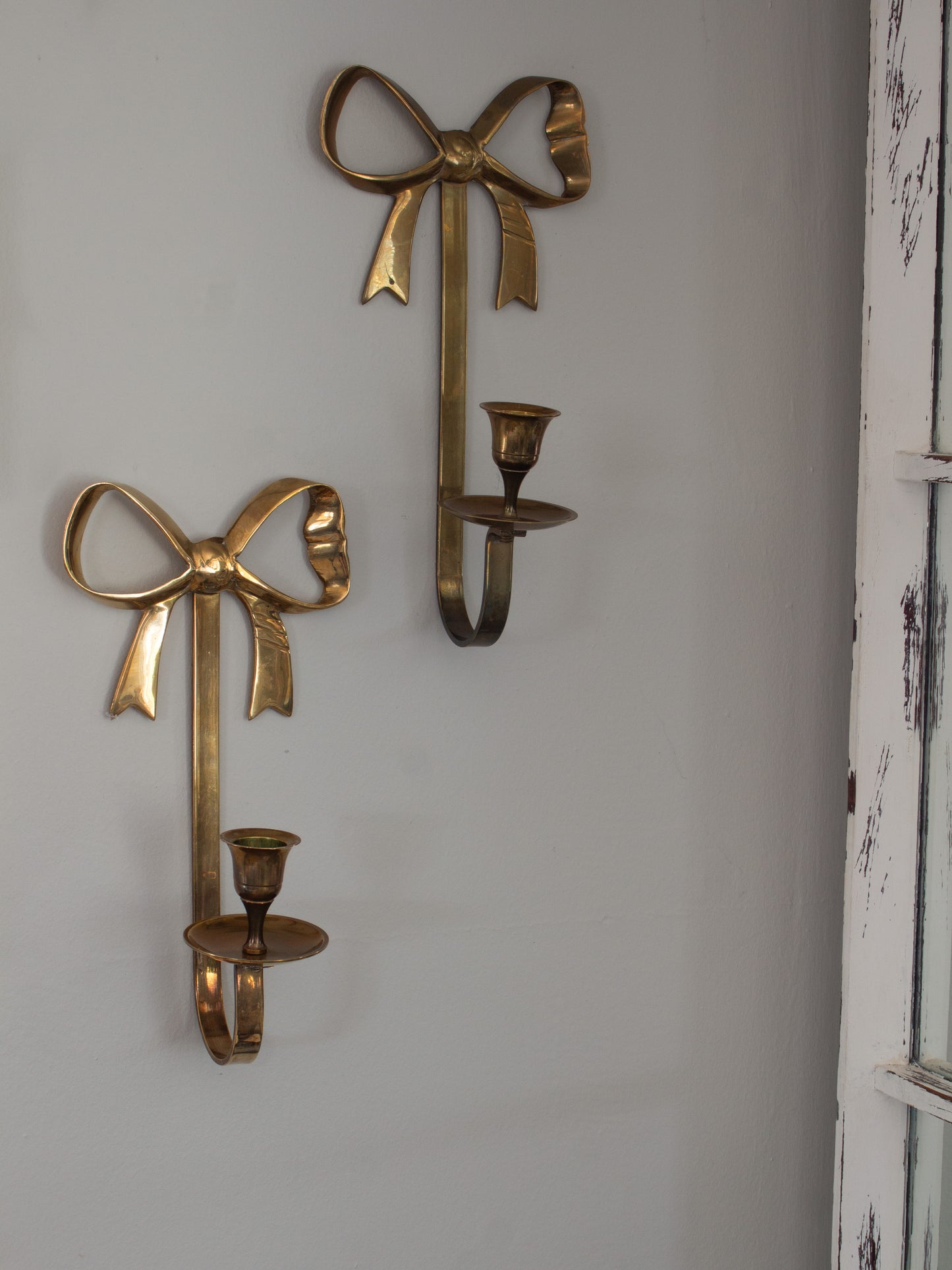 Vintage Pair of Solid Brass Bow Wall Sconces