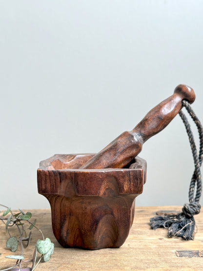 Vintage Hand-Carved Wooden Spanish Pestle & Mortar