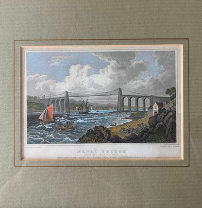 Antique Framed Engraving of Menai Bridge Drawn by H.Gastineau and Engraved by T.Barber