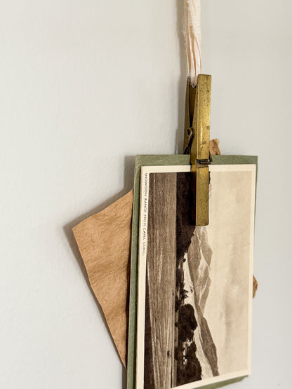 Vintage Solid Brass Peg-Shaped Letter Clip with Handmade Ribbon