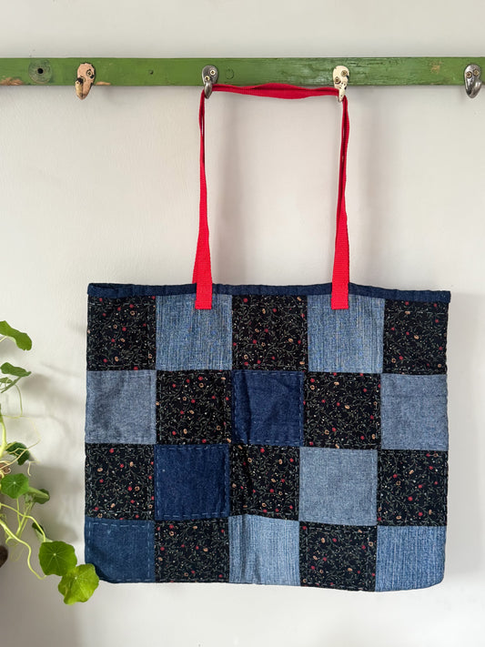Vintage Handmade Patchwork Tote Bag – Light & Dark Denim (Large)