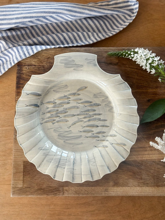 Vintage Scalloped Shell-Shaped Pottery Plate with Hand-Painted Pastel Fish Design