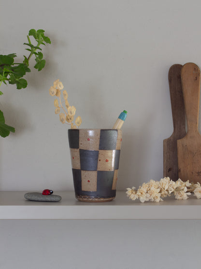 Vintage Studio Pottery Chequered Polka Dot Beaker
