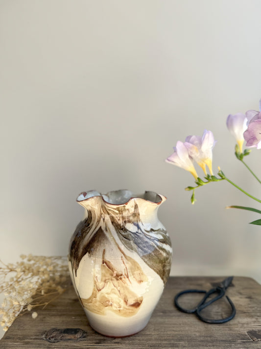 Scalloped Top Slipware Marbled Vase