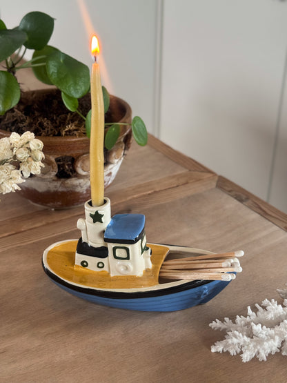 Vintage Dartmouth Pottery Devon Boat Candle Holder/Match Pot (with Beeswax Candles)
