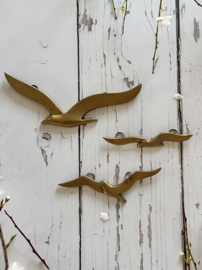Rare Midcentury Solid Brass ‘Seagulls in Flight’ • Wall Mountable