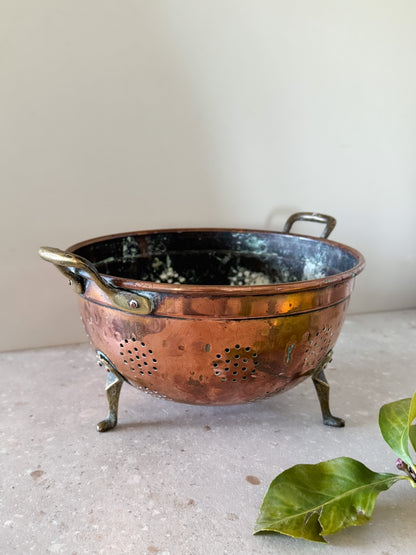 Antique French Copper Colander with Brass Feet