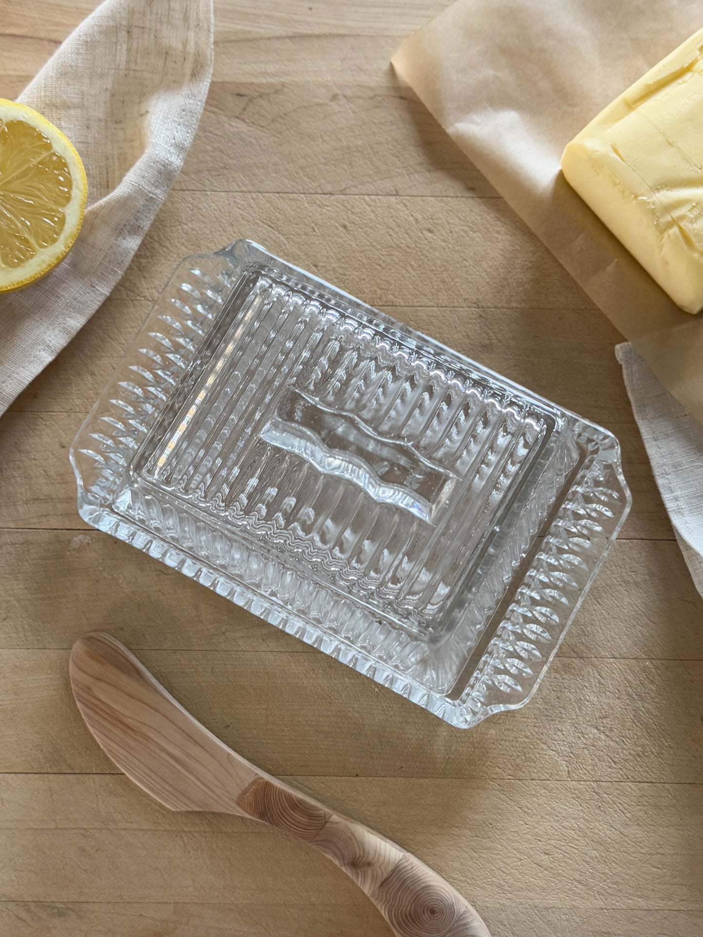 Vintage 1930s Art Deco Cut Glass Butter Dish • Cheese Dish