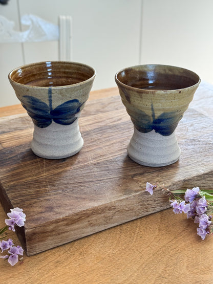 Pair of Vintage Hand-Thrown Studio Pottery Beakers - Indigo Brushwork