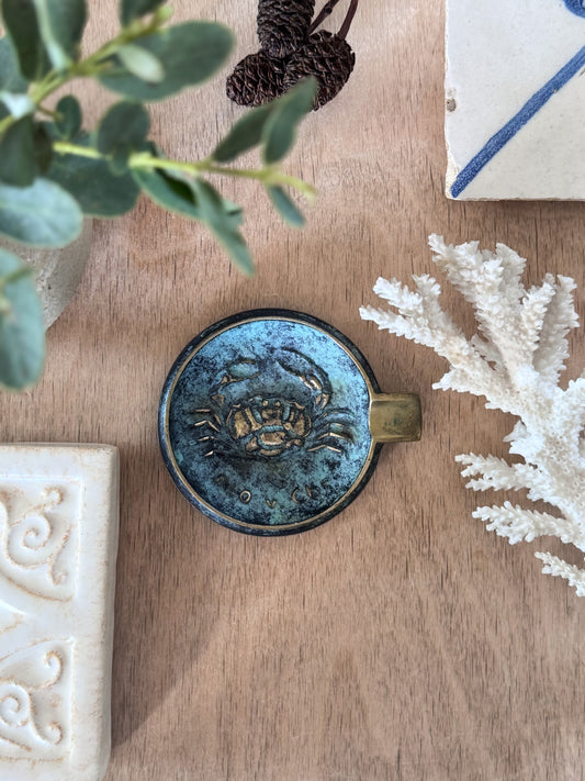 Vintage Solid Brass Crab Trinket Dish, Verdigris Patina