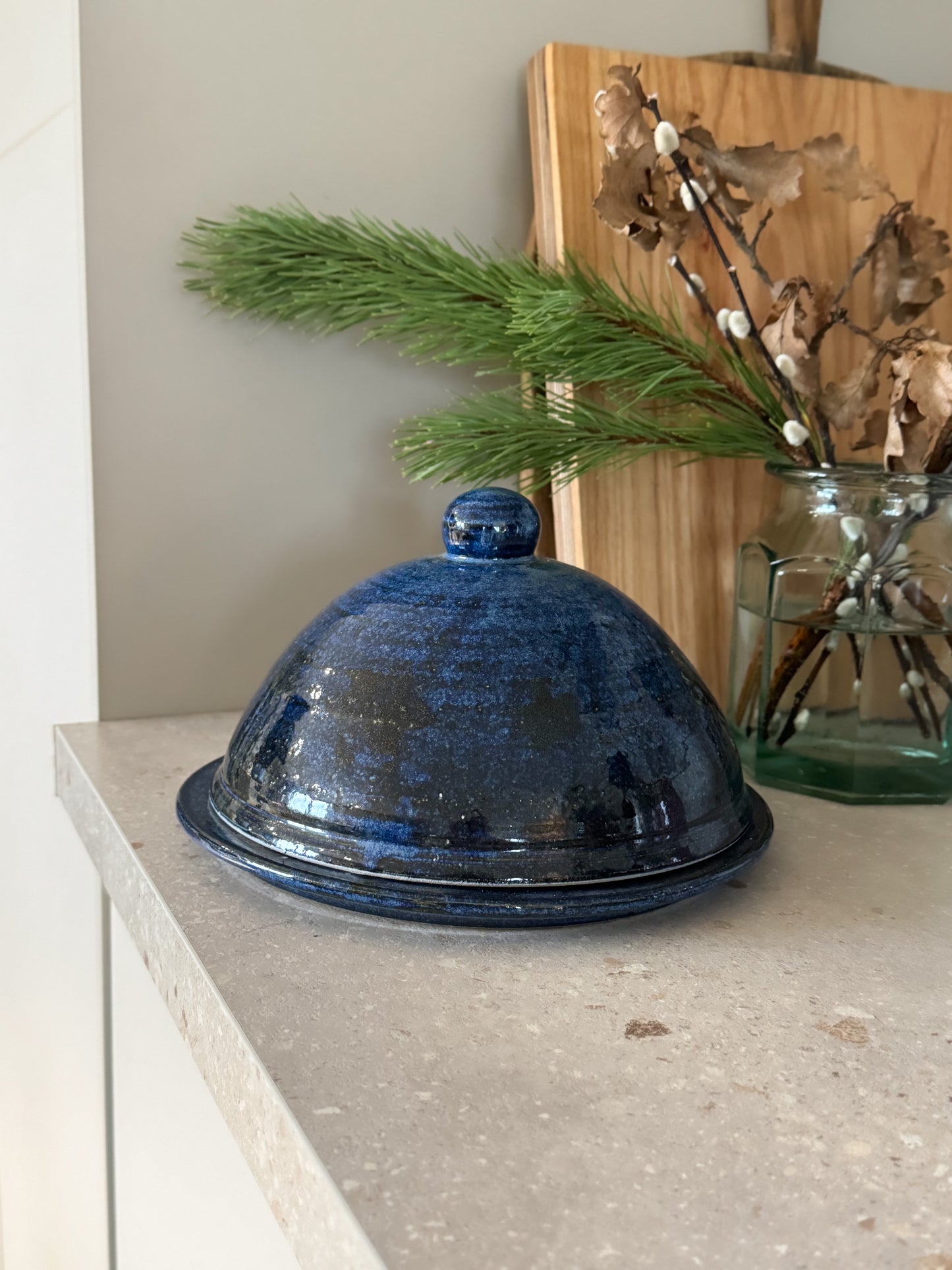 Large Vintage Blue Studio Pottery Cheese Cloche & Plate - Healy Pottery, Ireland