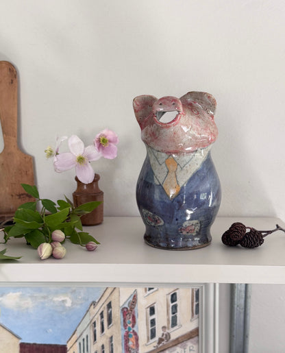Very Rare Peter Arnold Studio Pottery Jug, Suited Pig Character, Alderney Pottery