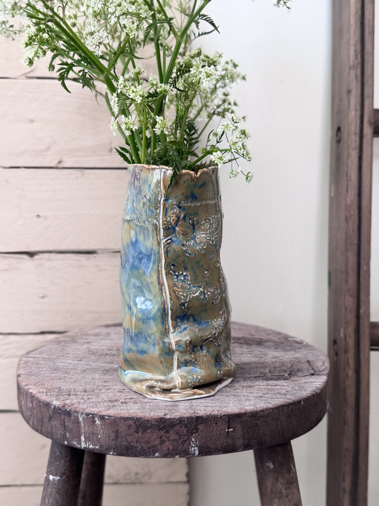 Incredible Studio Pottery Sculptural Vase with Impressed Floral Design, Signed C.Raven