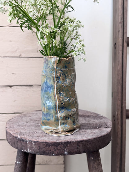 Incredible Studio Pottery Sculptural Vase with Impressed Floral Design, Signed C.Raven