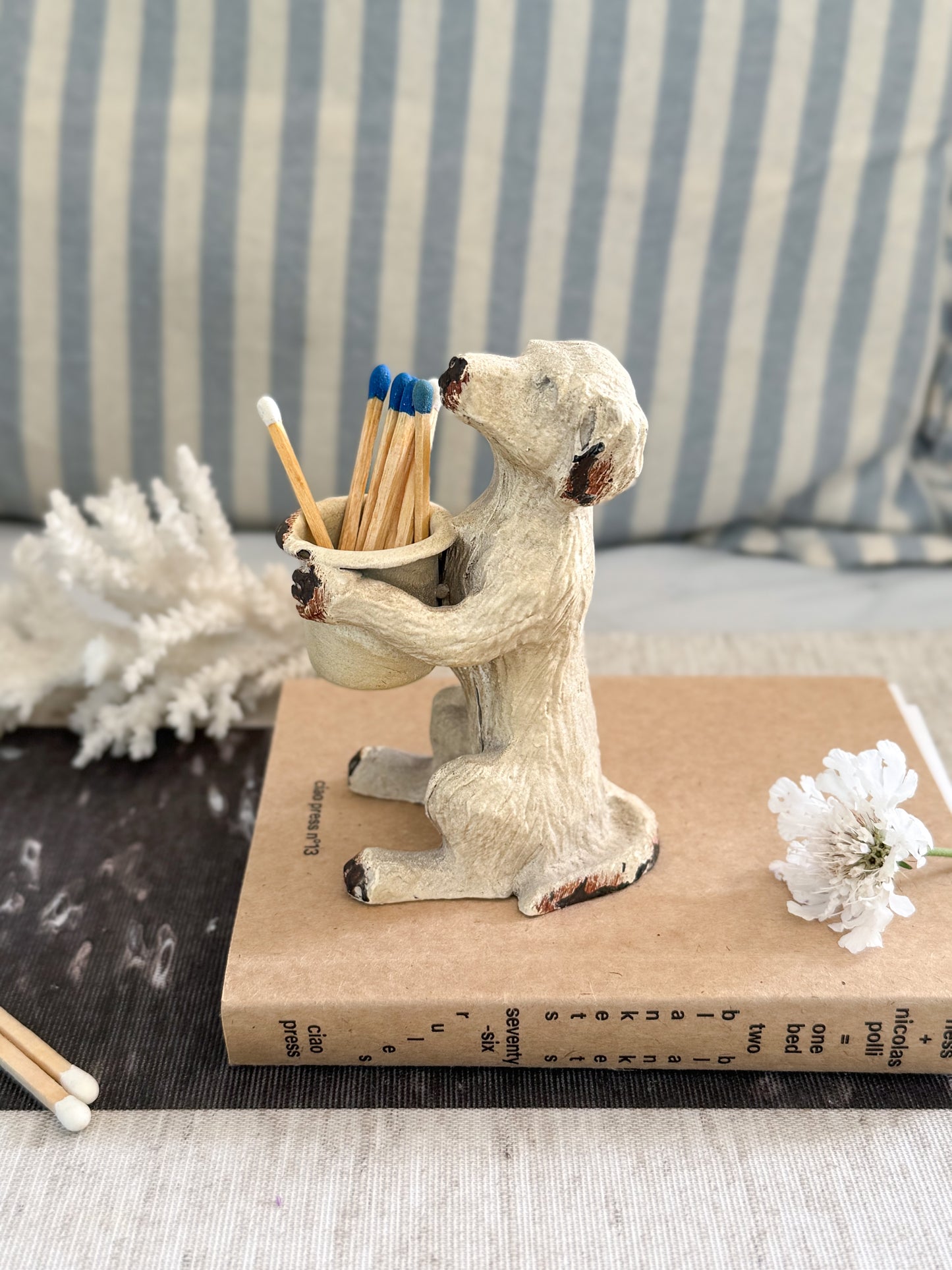 Vintage 1940s–1950s Handpainted Cast Iron Dog Candleholder / Match Holder