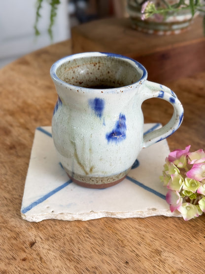 Vintage Studio Pottery Mug, Painterly Blue Florals & Earthy Speckled Glaze