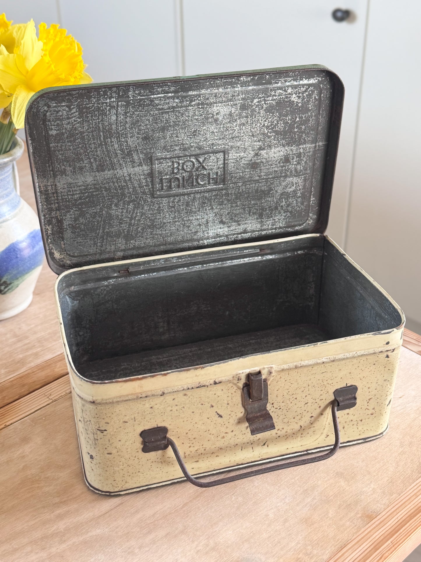 Vintage Midcentury 1940s/50s Metal Lunch Box - Green & Butter Yellow Worker’s Lunch Tin