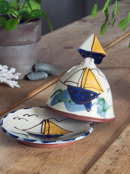 Incredible Vintage Studio Pottery Slipware Sailing Boat Butter Dish / Cheese Dome